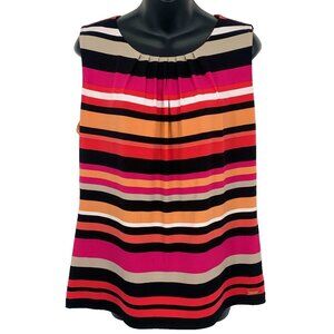 Calvin Klein Stripe Blouse Top Button XL Extra Large Pleat Stretch Sleeveless